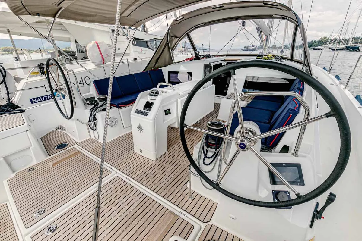 Cockpit of Magellan, a Jeanneau Sun Odyssey 490 sailboat at Kontokali, Greece