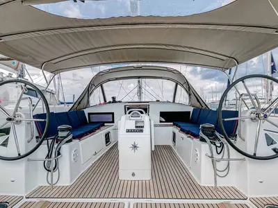 Cockpit of Magellan, a Jeanneau Sun Odyssey 490 sailboat at Kontokali, Greece