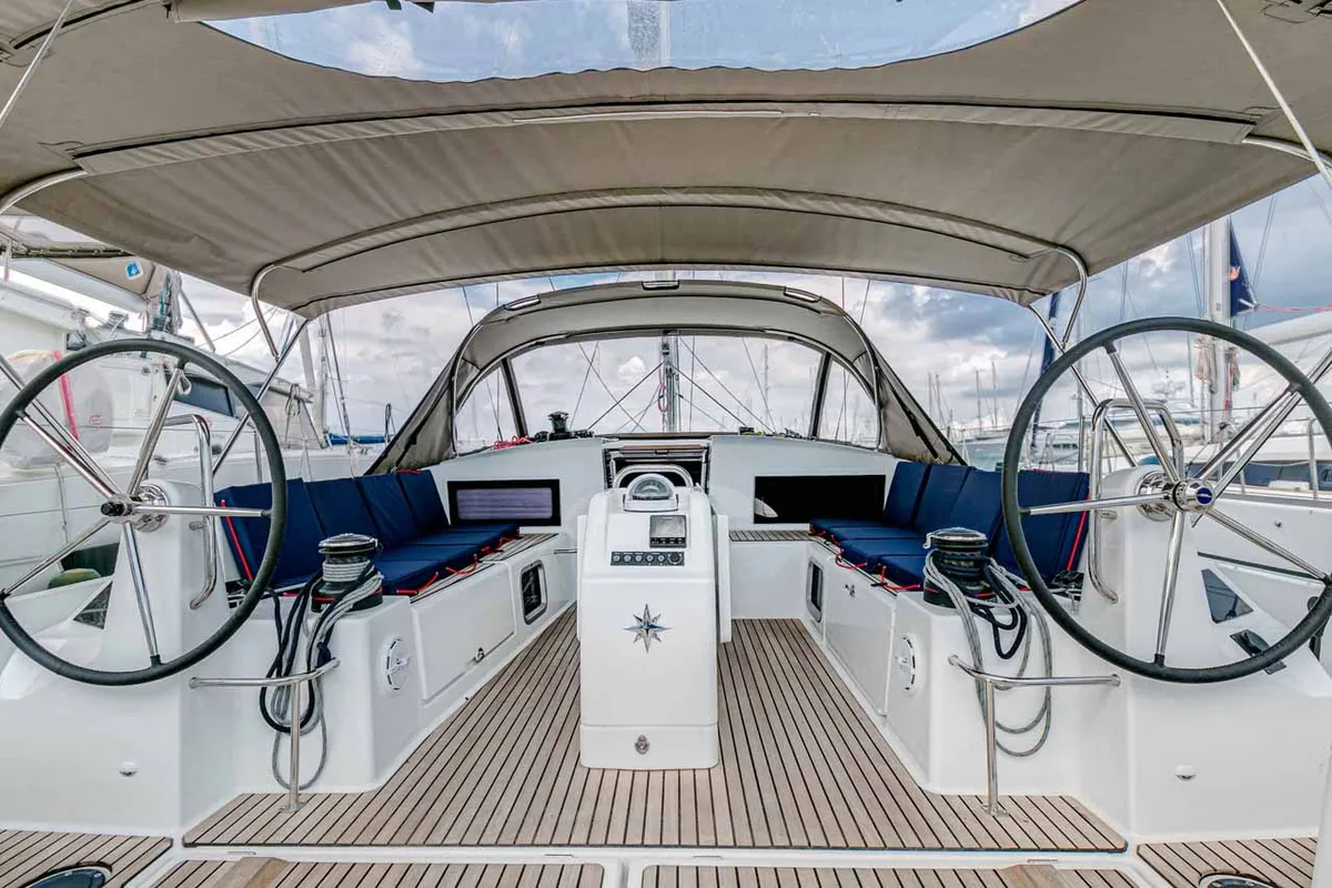 Cockpit of Magellan, a Jeanneau Sun Odyssey 490 sailboat at Kontokali, Greece