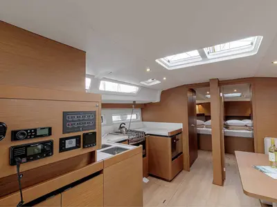 Salon of Magellan, a Jeanneau Sun Odyssey 490 sailboat at Kontokali, Greece
