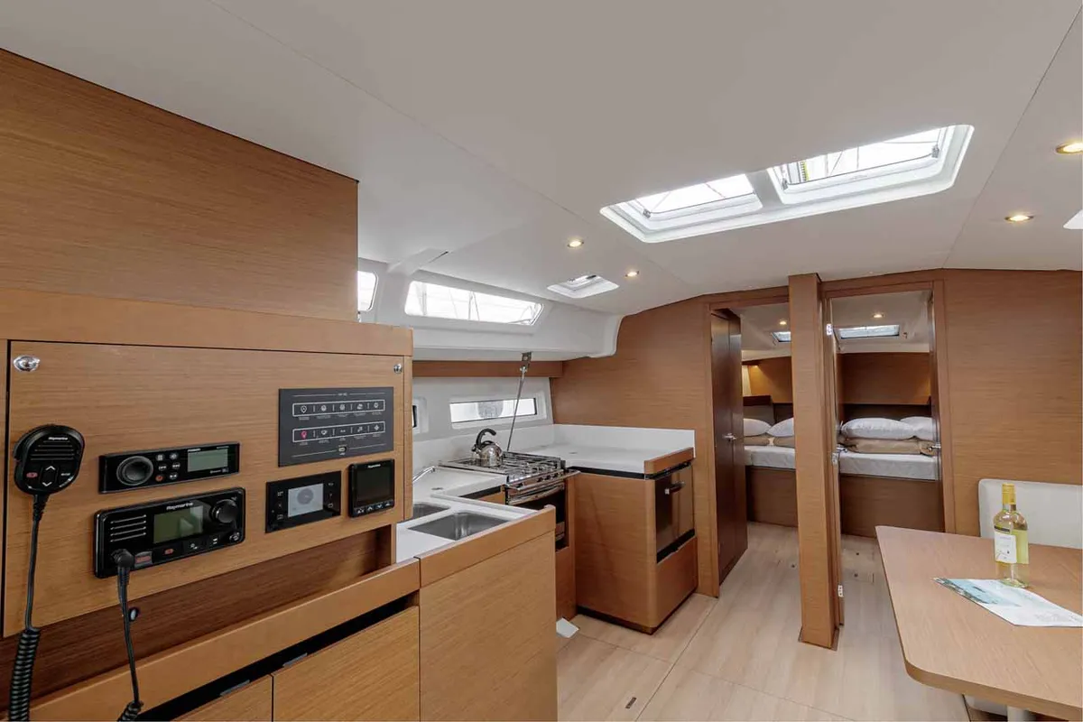 Salon of Magellan, a Jeanneau Sun Odyssey 490 sailboat at Kontokali, Greece