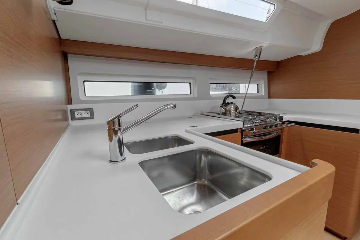 Galley of Magellan, a Jeanneau Sun Odyssey 490 sailboat at Kontokali, Greece
