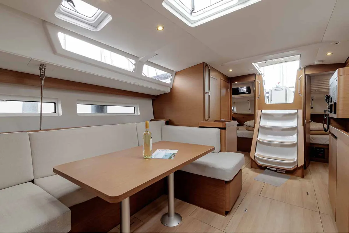Salon of Magellan, a Jeanneau Sun Odyssey 490 sailboat at Kontokali, Greece