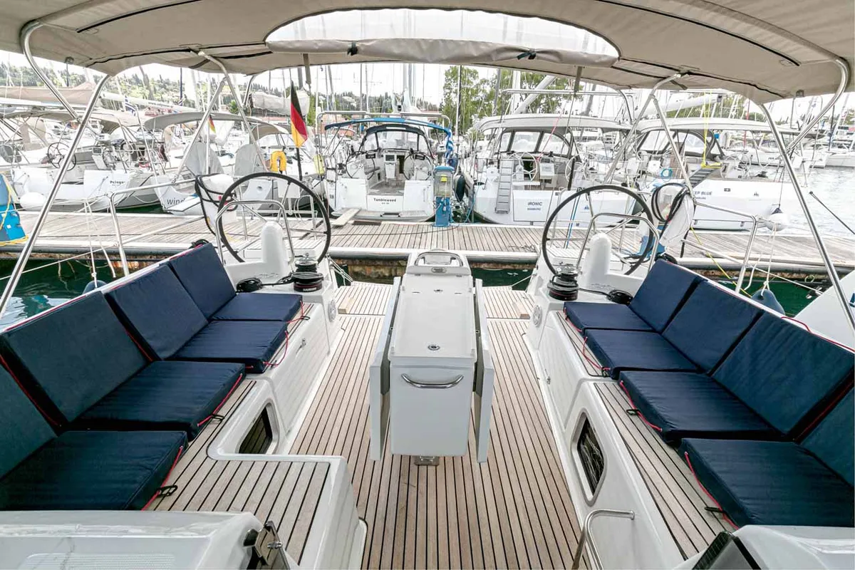 Deck of Magellan, a Jeanneau Sun Odyssey 490 sailboat at Kontokali, Greece