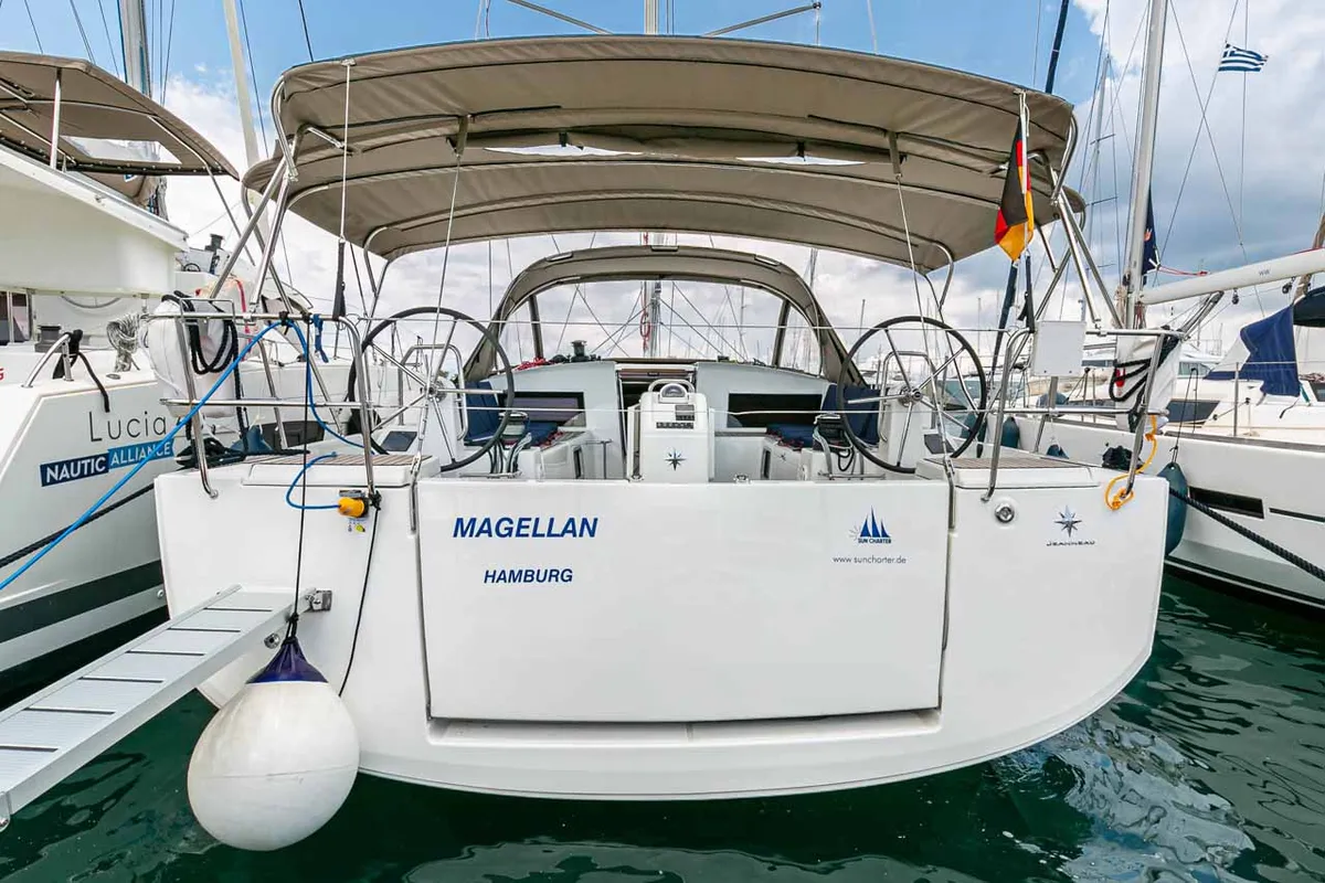 Exterior view of Magellan, a Jeanneau Sun Odyssey 490 sailboat at Kontokali, Greece