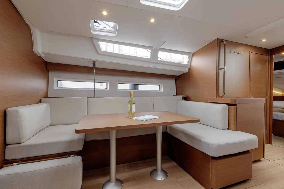 Salon of Magellan, a Jeanneau Sun Odyssey 490 sailboat at Kontokali, Greece