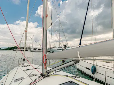 Deck of Magellan, a Jeanneau Sun Odyssey 490 sailboat at Kontokali, Greece