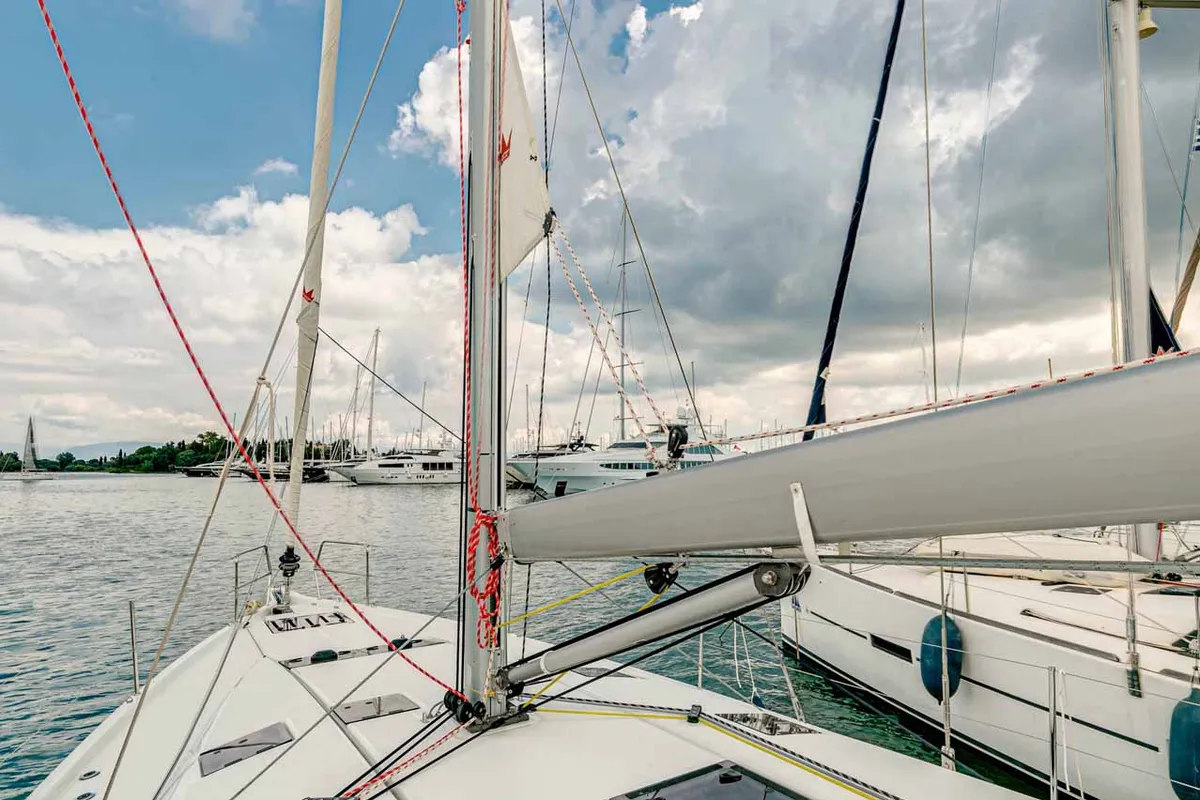 Deck of Magellan, a Jeanneau Sun Odyssey 490 sailboat at Kontokali, Greece