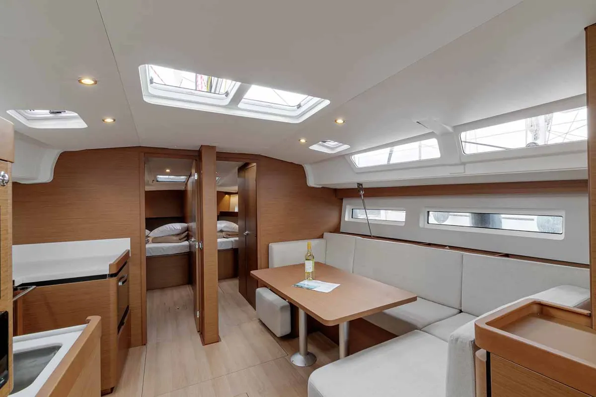 Salon of Magellan, a Jeanneau Sun Odyssey 490 sailboat at Kontokali, Greece