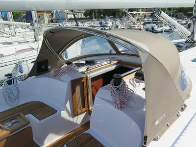 Cockpit of Seawolf , a Bavaria Cruiser 46 sailboat at Općina Vrsar, Croatia