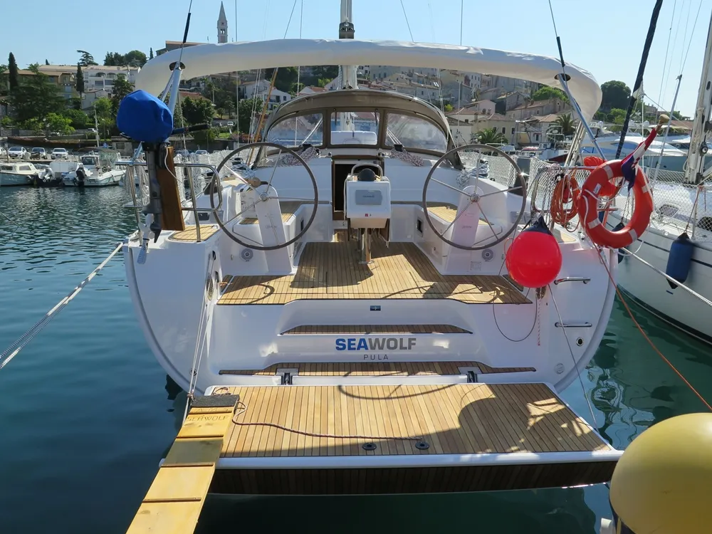 Deck of Seawolf , a Bavaria Cruiser 46 sailboat at Općina Vrsar, Croatia