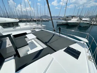 Deck of Bella II, a Bali 4.2 catamaran at Marmaris, Turkey