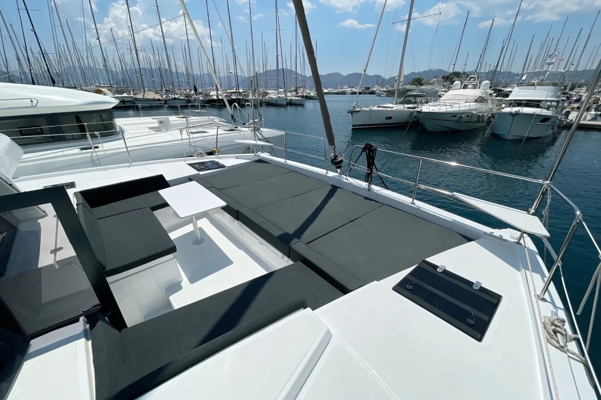 Deck of Bella II, a Bali 4.2 catamaran at Marmaris, Turkey