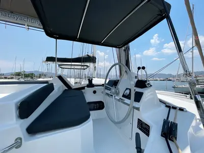 Cockpit of Bella II, a Bali 4.2 catamaran at Marmaris, Turkey
