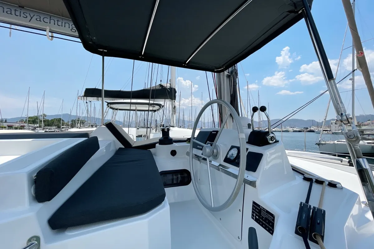 Cockpit of Bella II, a Bali 4.2 catamaran at Marmaris, Turkey
