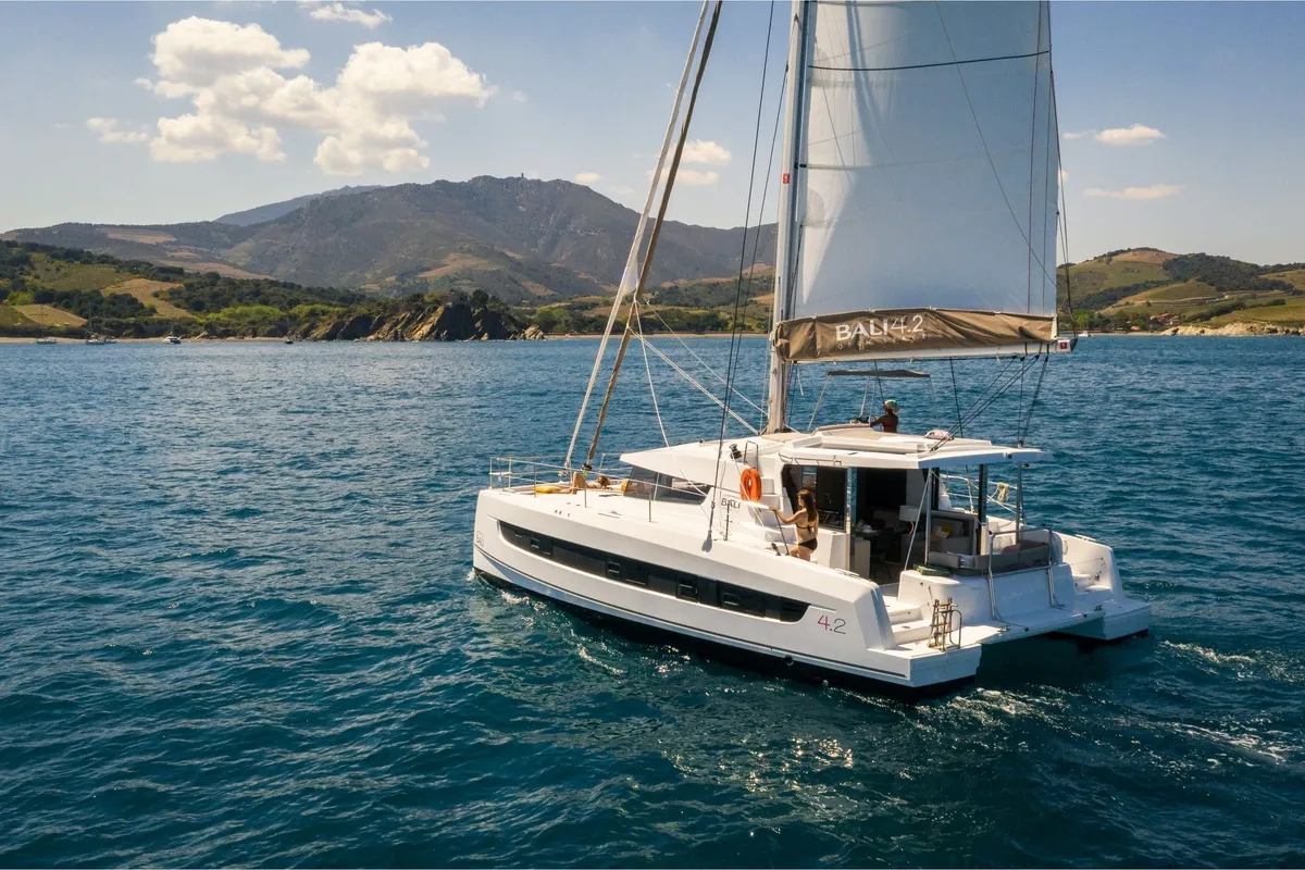 Exterior view of Bella II, a Bali 4.2 catamaran at Marmaris, Turkey