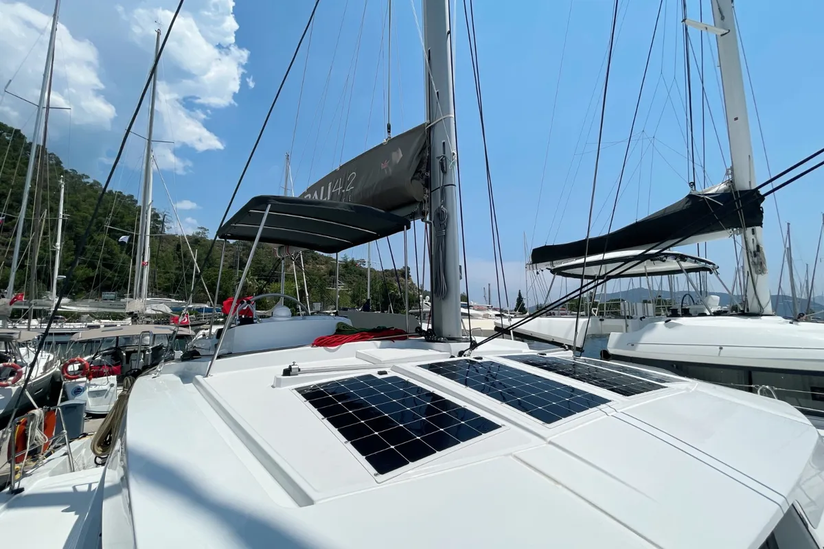 Deck of Bella II, a Bali 4.2 catamaran at Marmaris, Turkey
