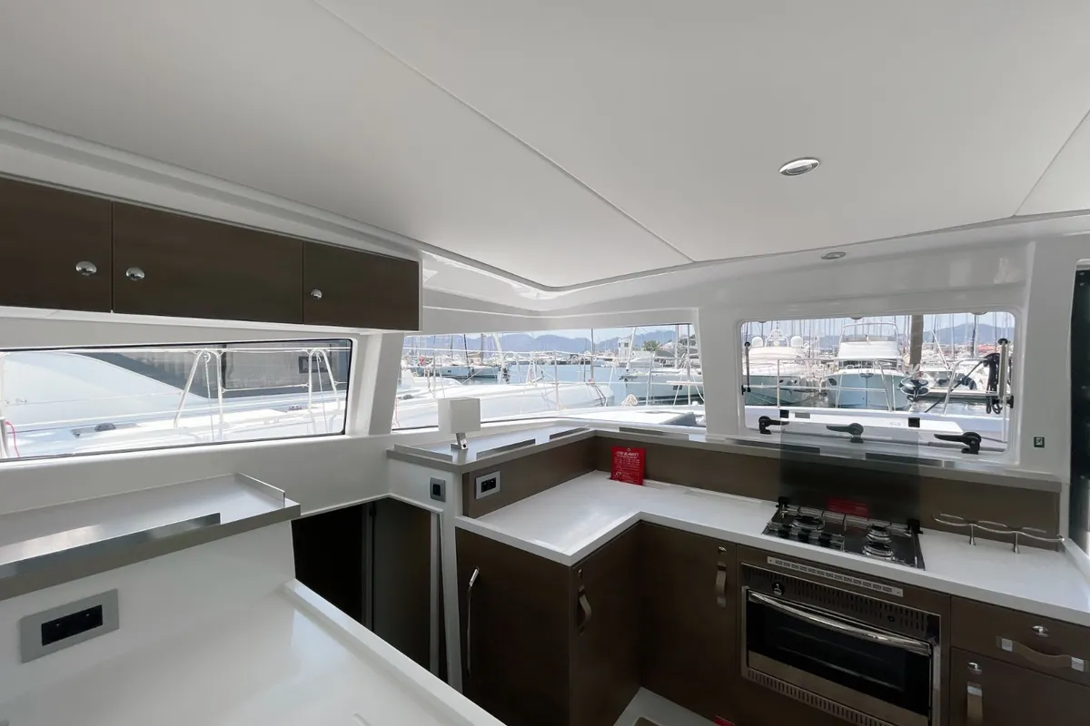 Galley of Bella II, a Bali 4.2 catamaran at Marmaris, Turkey