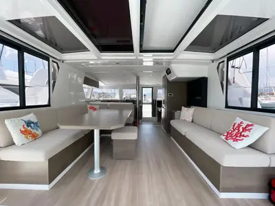 Salon of Bella II, a Bali 4.2 catamaran at Marmaris, Turkey
