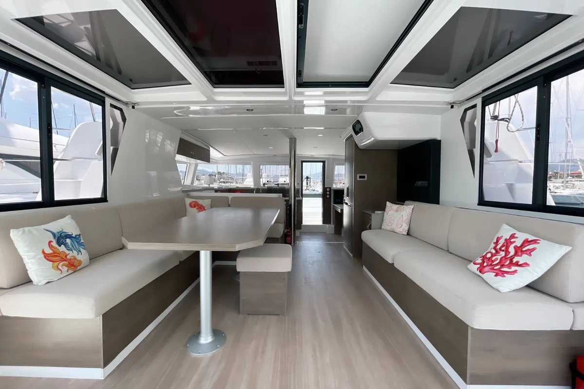 Salon of Bella II, a Bali 4.2 catamaran at Marmaris, Turkey
