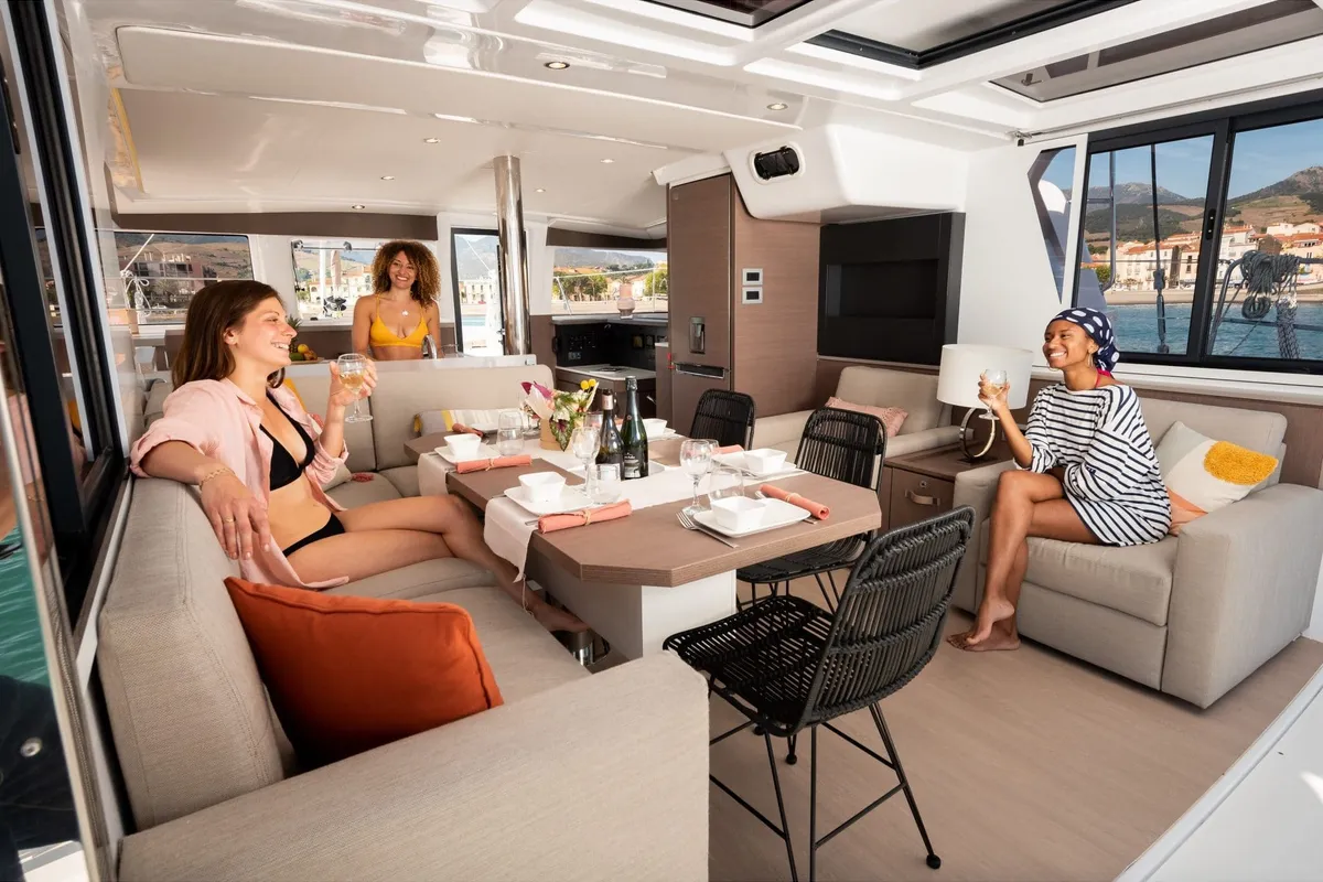 Salon of Bella II, a Bali 4.2 catamaran at Marmaris, Turkey