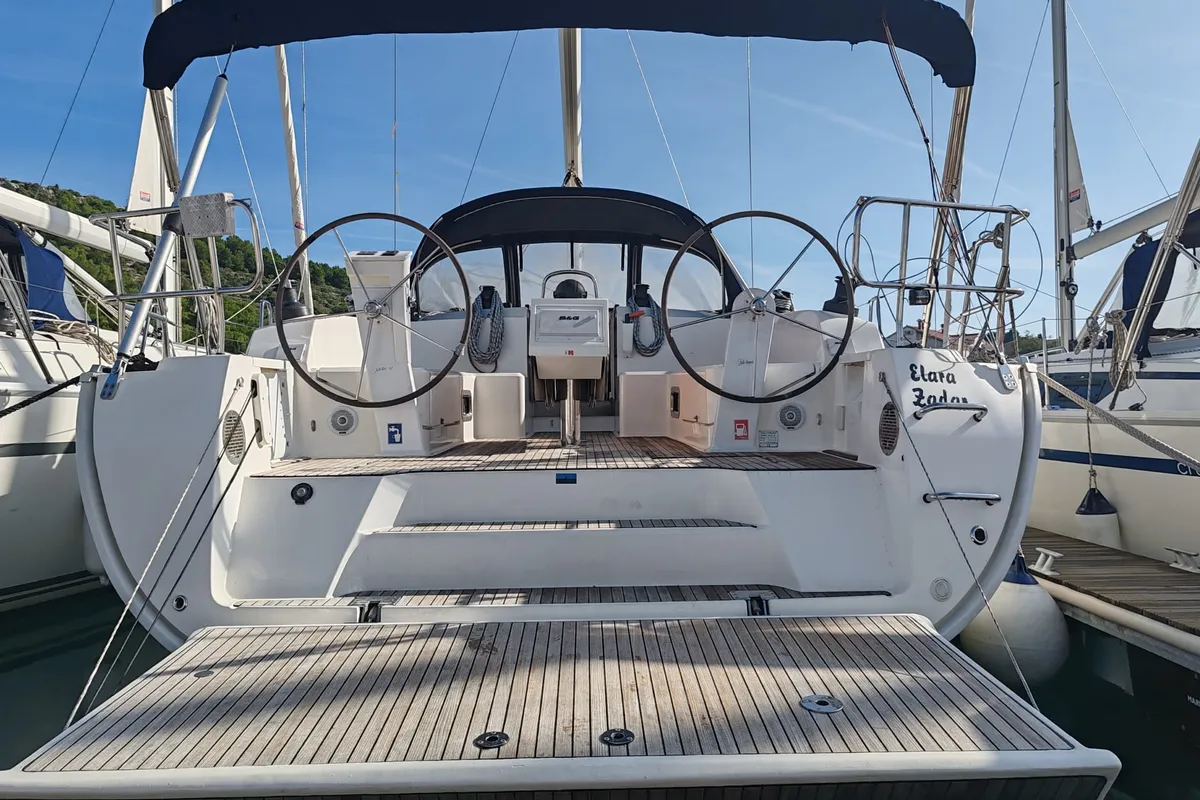 Cockpit of Elara, a Bavaria Cruiser 46 sailboat at Općina Pakoštane, Croatia