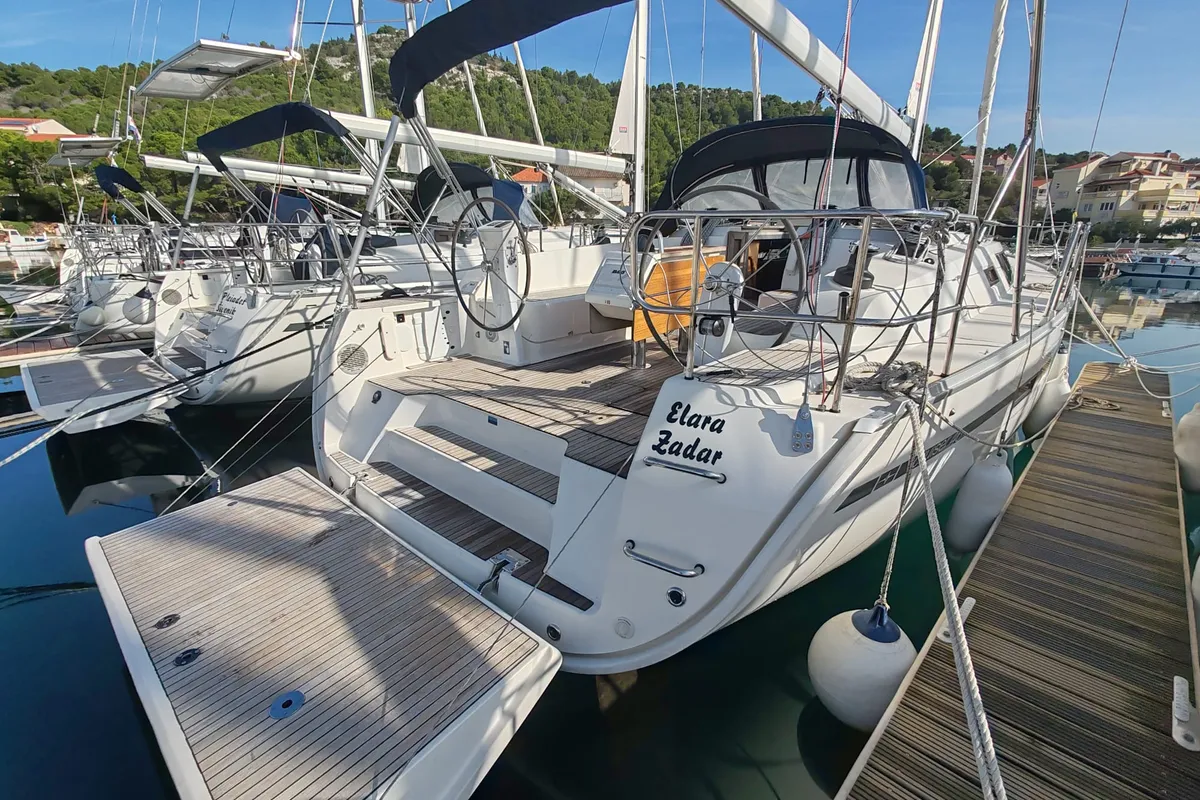 Exterior view of Elara, a Bavaria Cruiser 46 sailboat at Općina Pakoštane, Croatia