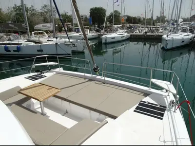 Deck of AF-B4.1, a Bali 4.1 catamaran at Municipal Unit of Lefkada, Greece