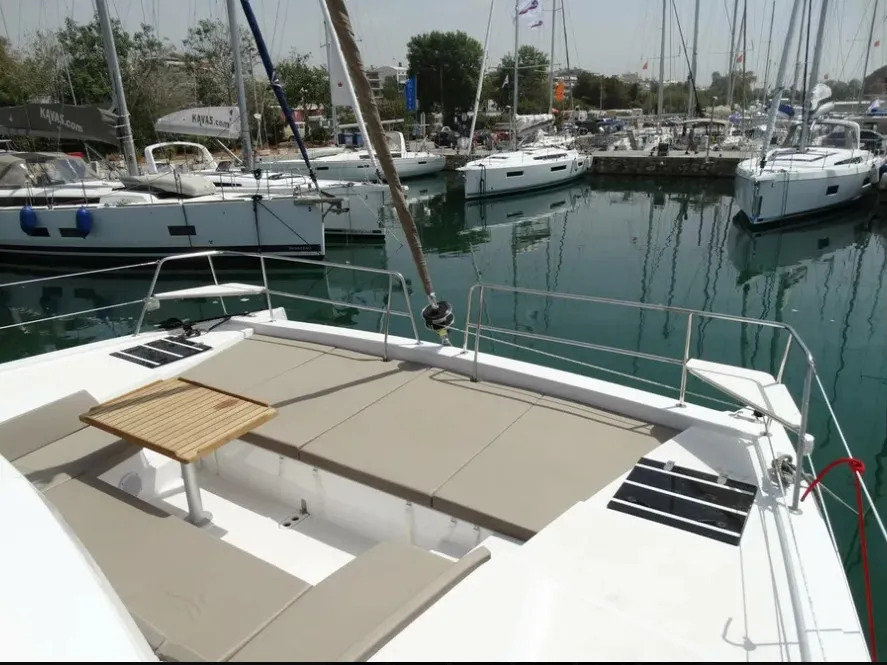 Deck of AF-B4.1, a Bali 4.1 catamaran at Municipal Unit of Lefkada, Greece