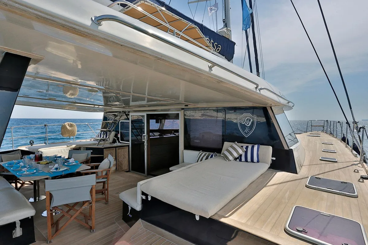 Deck of Anassa, a Sunreef 62 catamaran at Keramoti, Greece