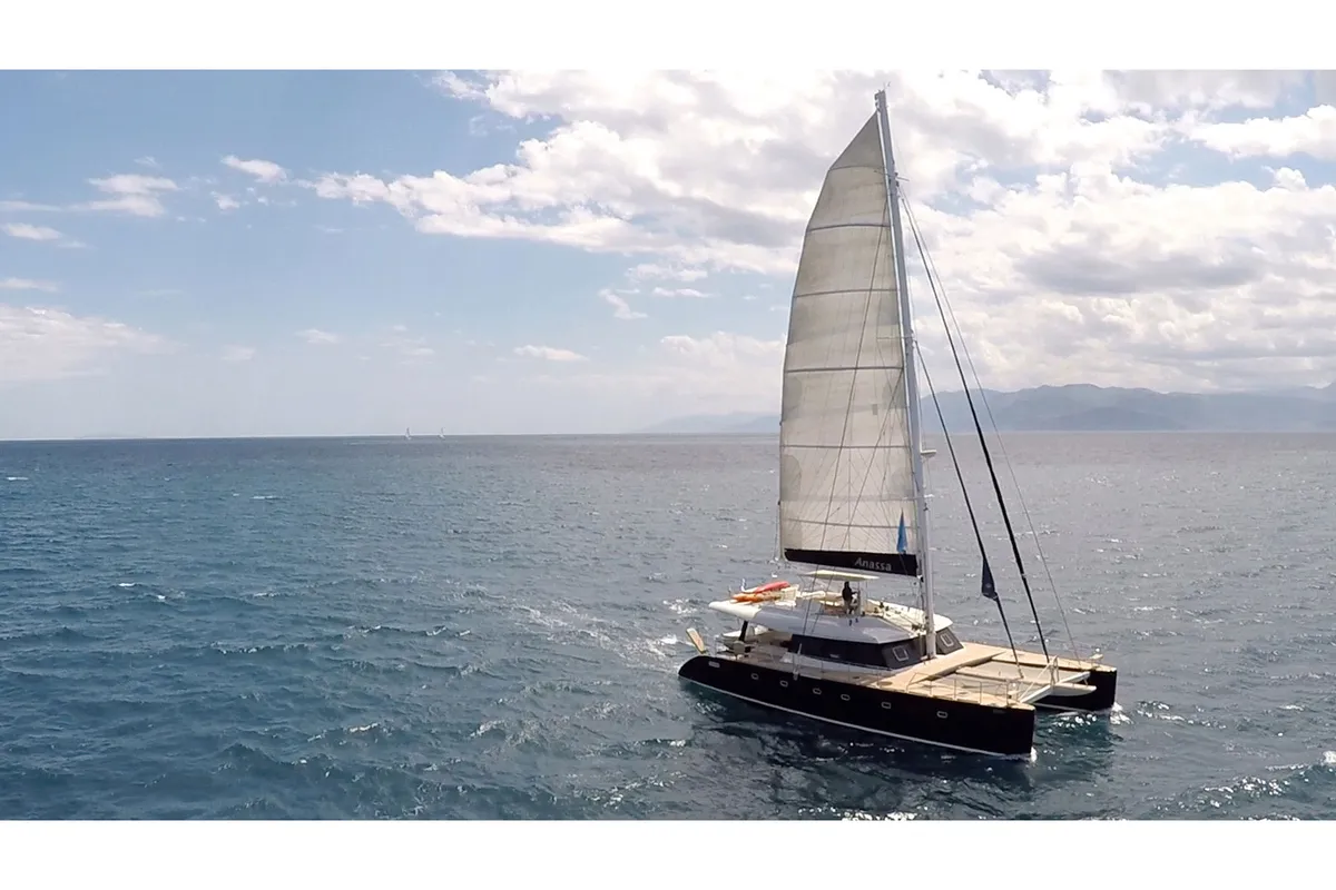 Exterior view of Anassa, a Sunreef 62 catamaran at Keramoti, Greece