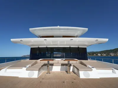 Deck of ATRAVERSIA, a Gulet x-reuse catamaran at Imperia, Italy