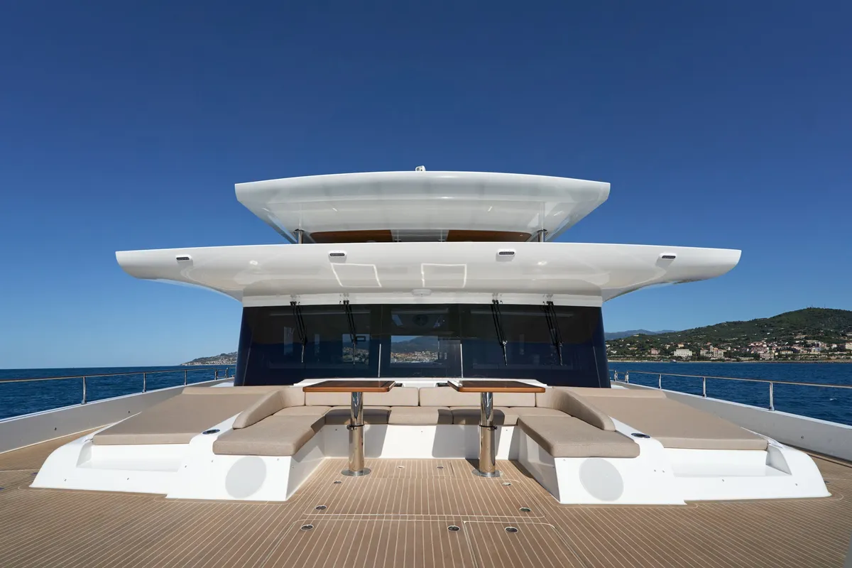 Deck of ATRAVERSIA, a Gulet x-reuse catamaran at Imperia, Italy