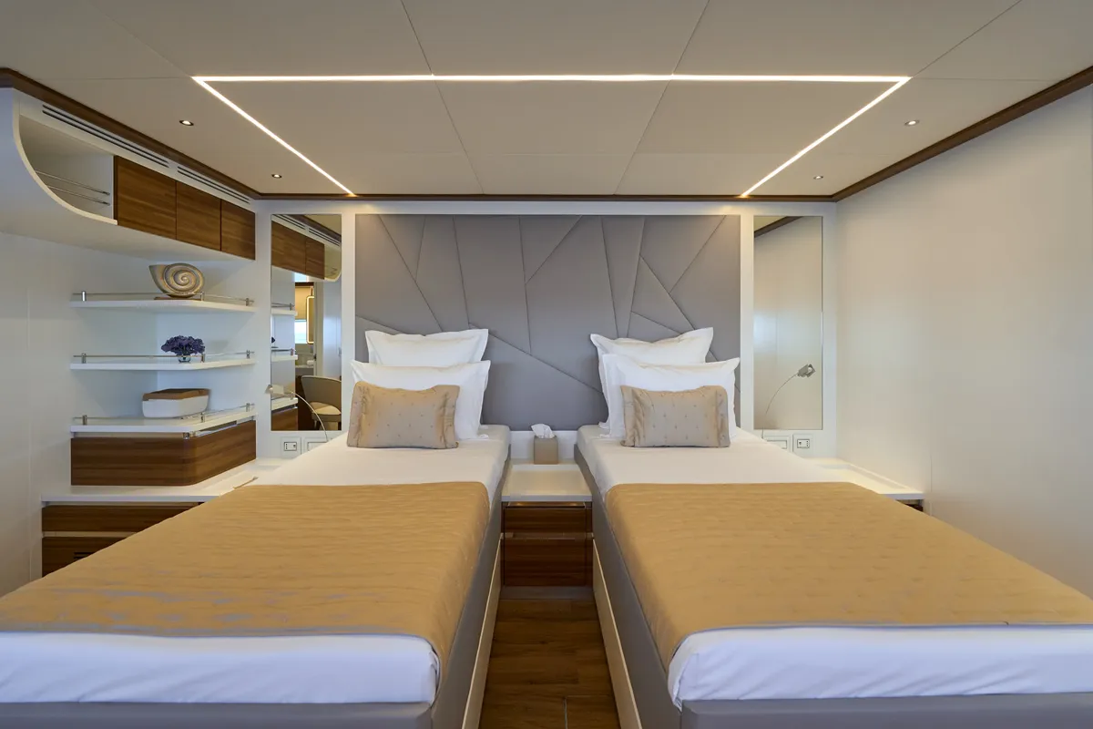 Exterior view of ATRAVERSIA, a Gulet x-reuse catamaran at Imperia, Italy