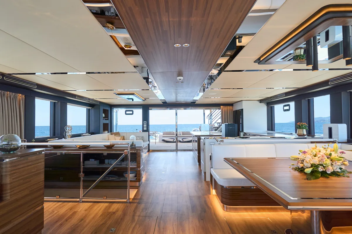 Deck of ATRAVERSIA, a Gulet x-reuse catamaran at Imperia, Italy