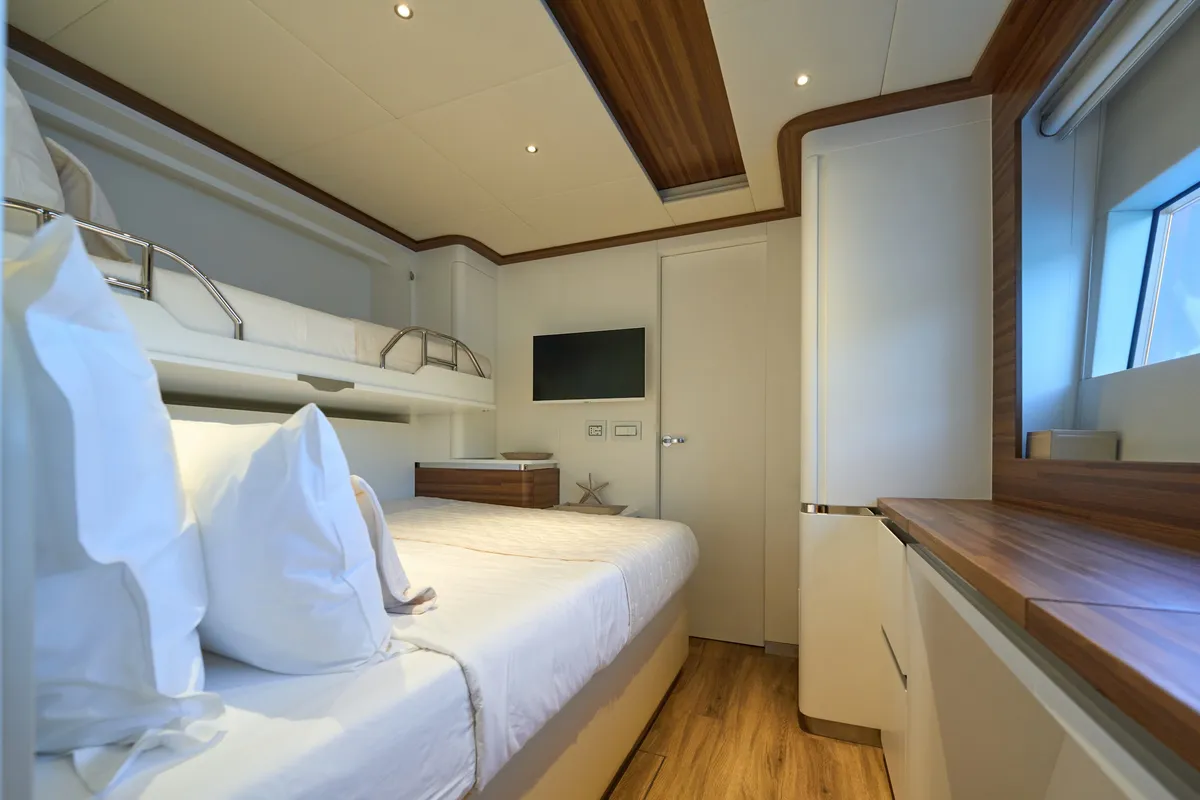 Cabin on ATRAVERSIA, a Gulet x-reuse catamaran at Imperia, Italy
