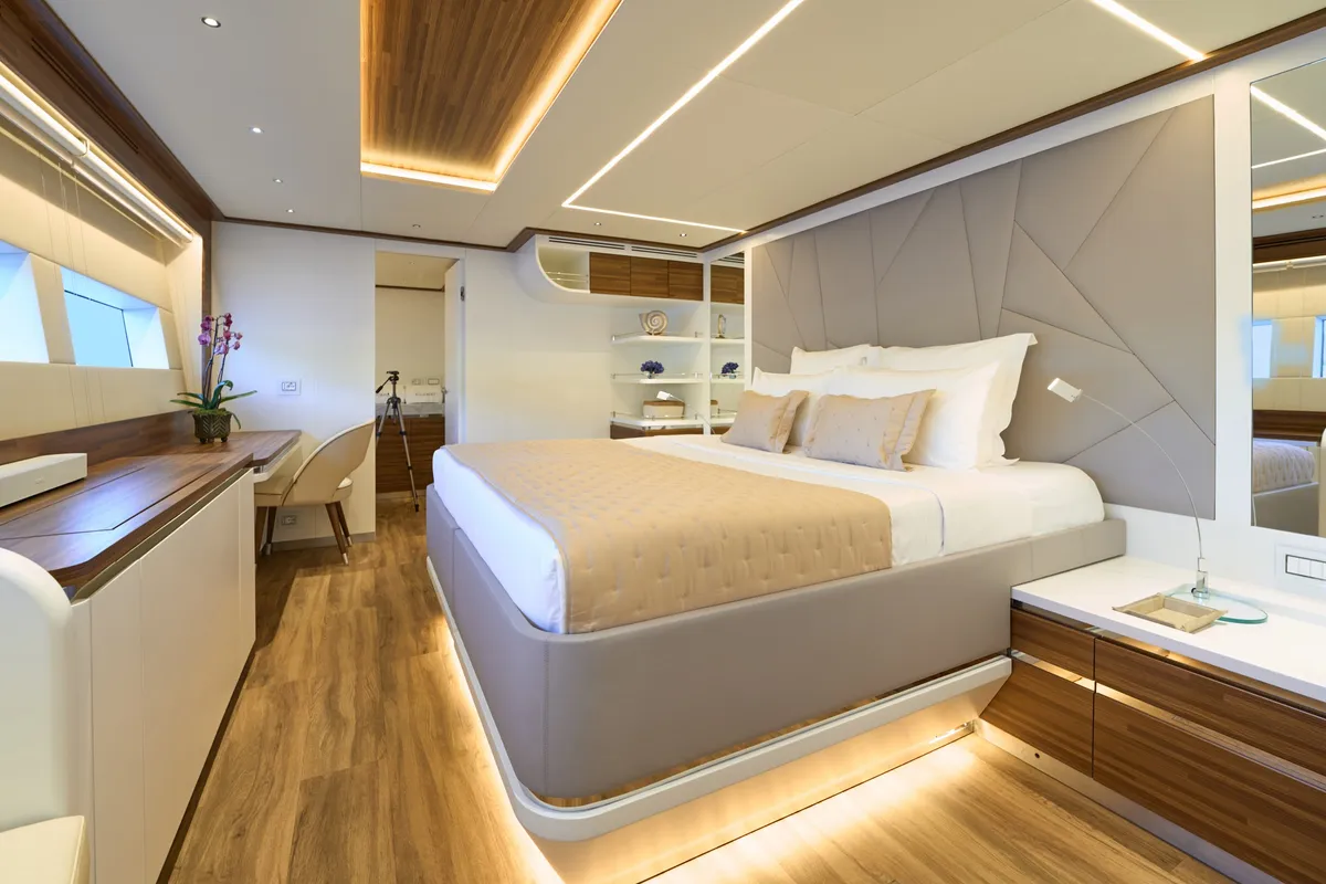 Cabin on ATRAVERSIA, a Gulet x-reuse catamaran at Imperia, Italy