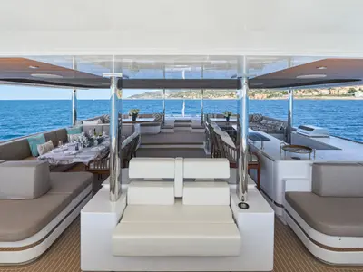 Salon of ATRAVERSIA, a Gulet x-reuse catamaran at Imperia, Italy