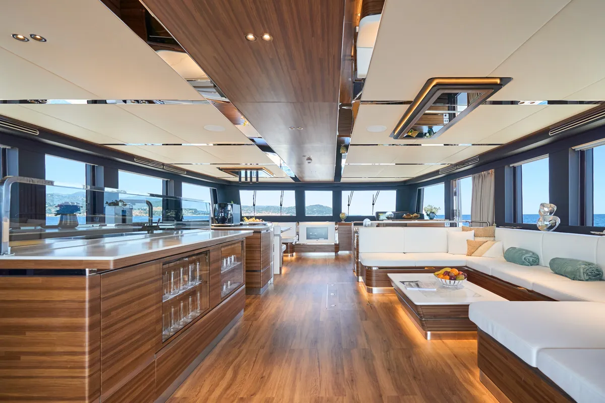 Deck of ATRAVERSIA, a Gulet x-reuse catamaran at Imperia, Italy