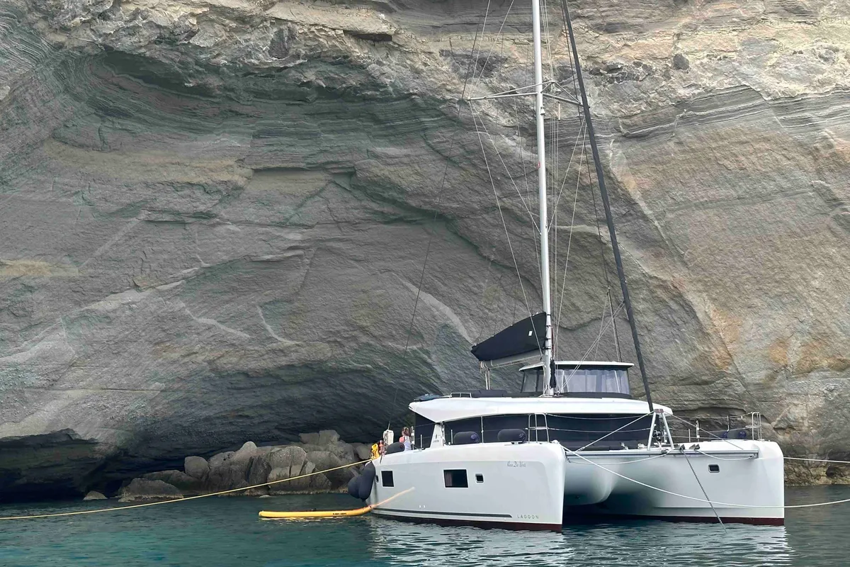 Exterior view of Rosa dei Venti, a Lagoon 42 catamaran at Parikia, Greece
