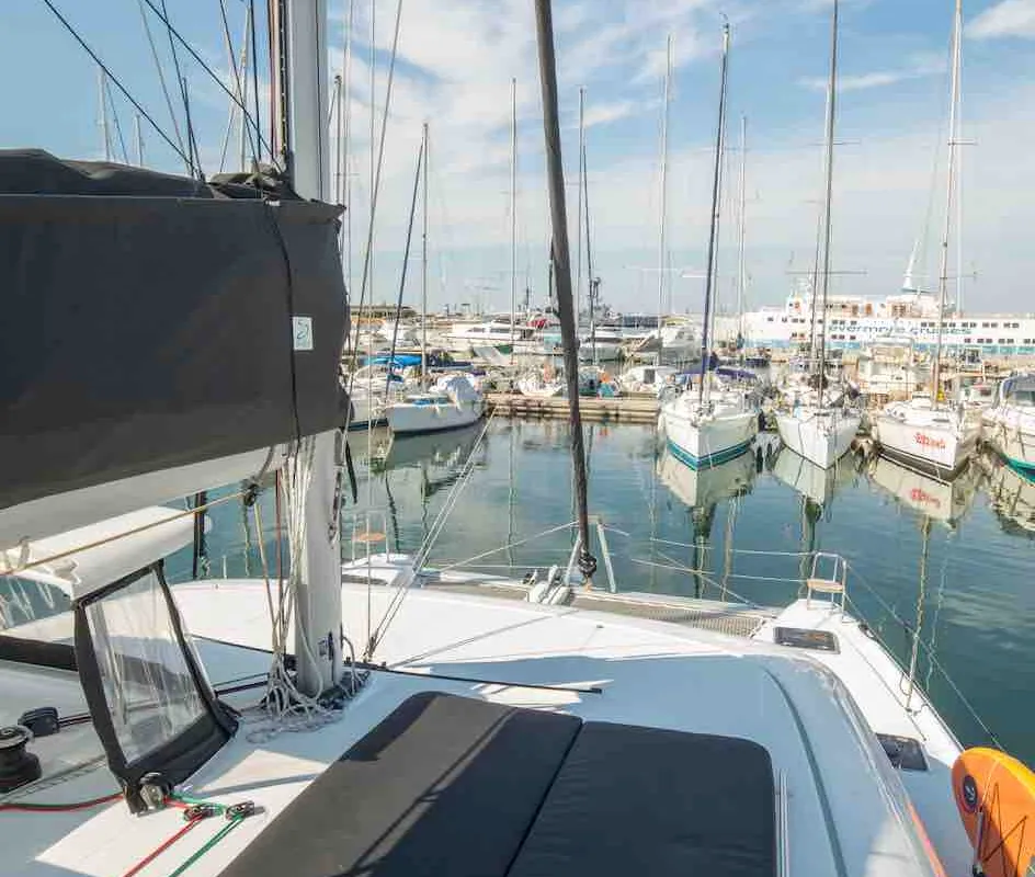 Deck of Rosa dei Venti, a Lagoon 42 catamaran at Parikia, Greece