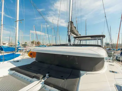 Deck of Rosa dei Venti, a Lagoon 42 catamaran at Parikia, Greece