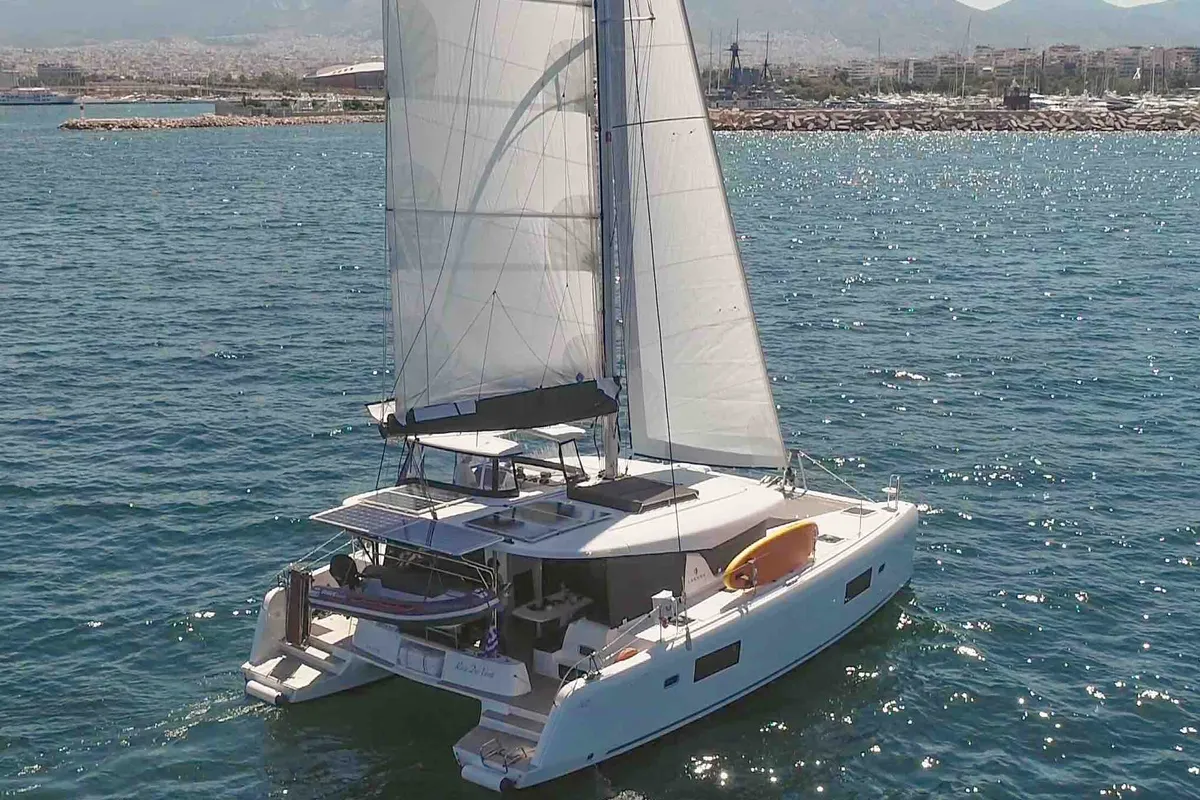 Exterior view of Rosa dei Venti, a Lagoon 42 catamaran at Parikia, Greece