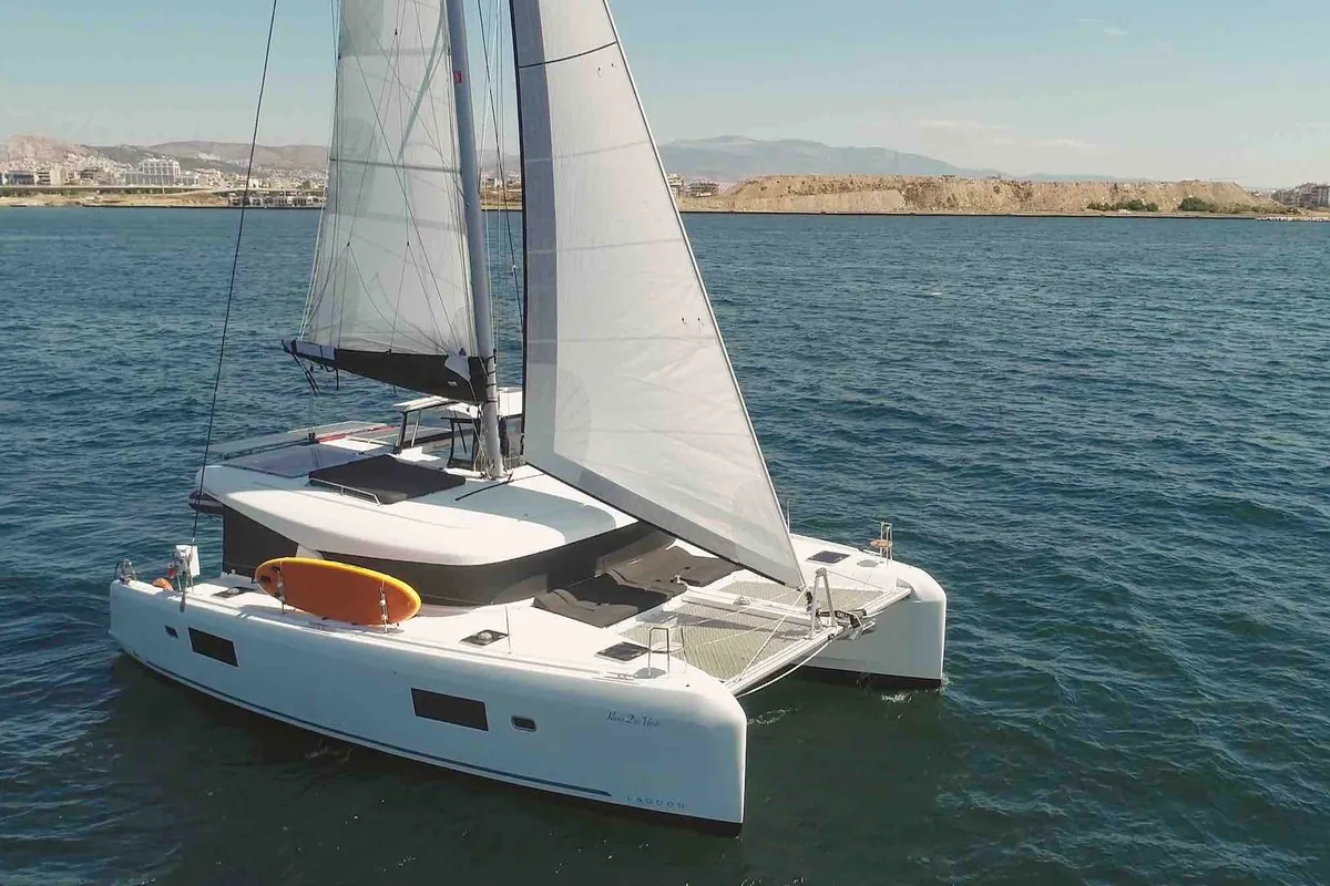 Exterior view of Rosa dei Venti, a Lagoon 42 catamaran at Parikia, Greece