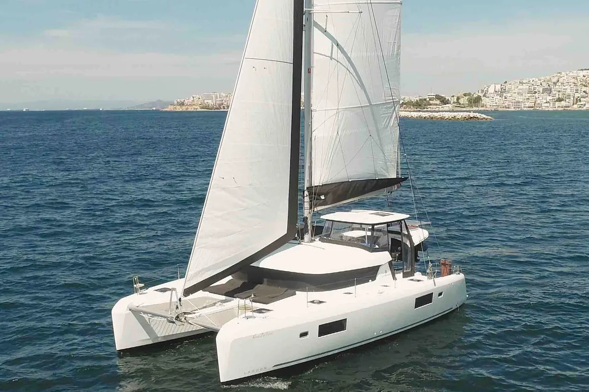 Exterior view of Rosa dei Venti, a Lagoon 42 catamaran at Parikia, Greece