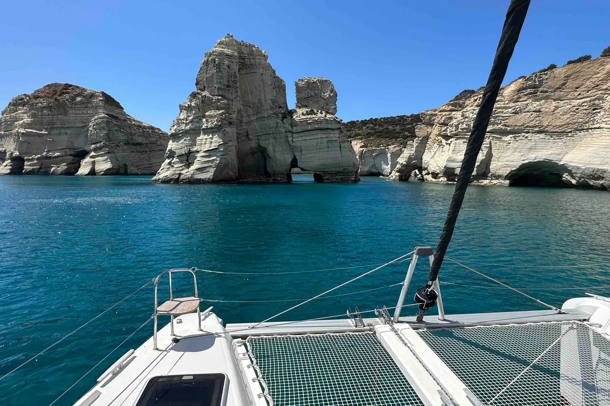 Deck of Rosa dei Venti, a Lagoon 42 catamaran at Parikia, Greece