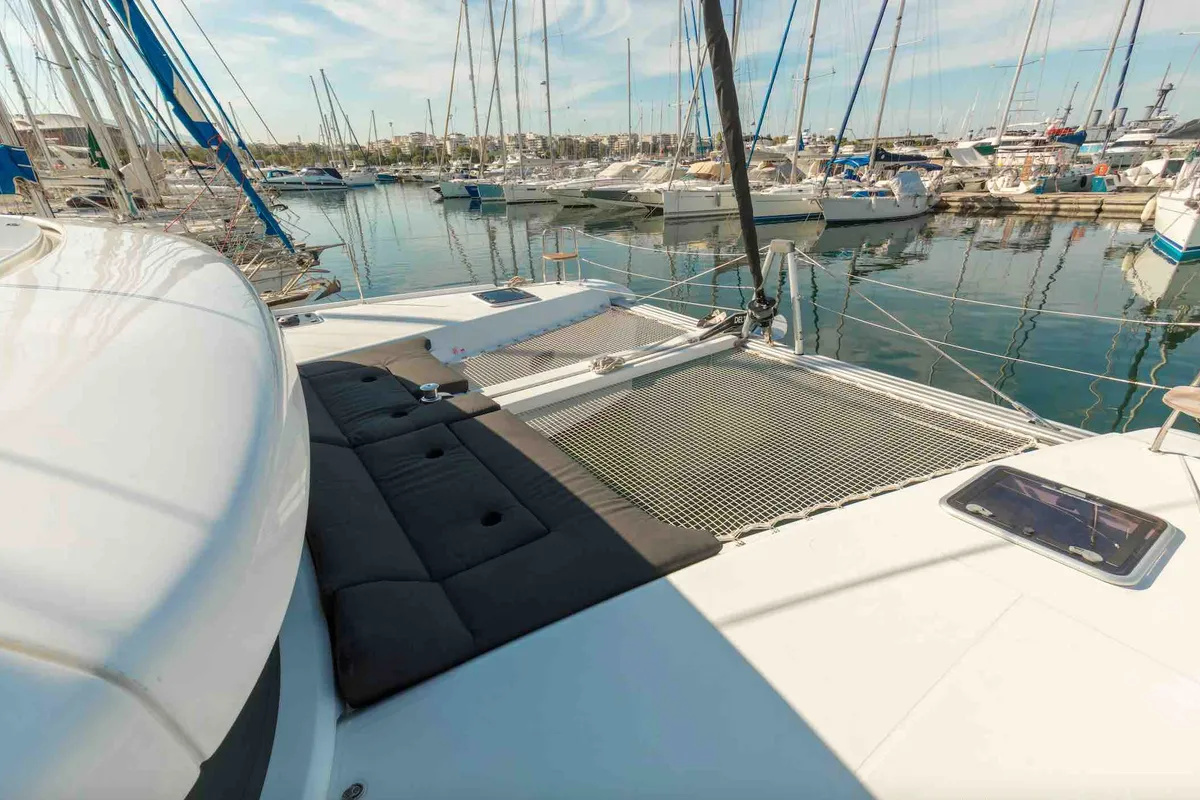 Deck of Rosa dei Venti, a Lagoon 42 catamaran at Parikia, Greece