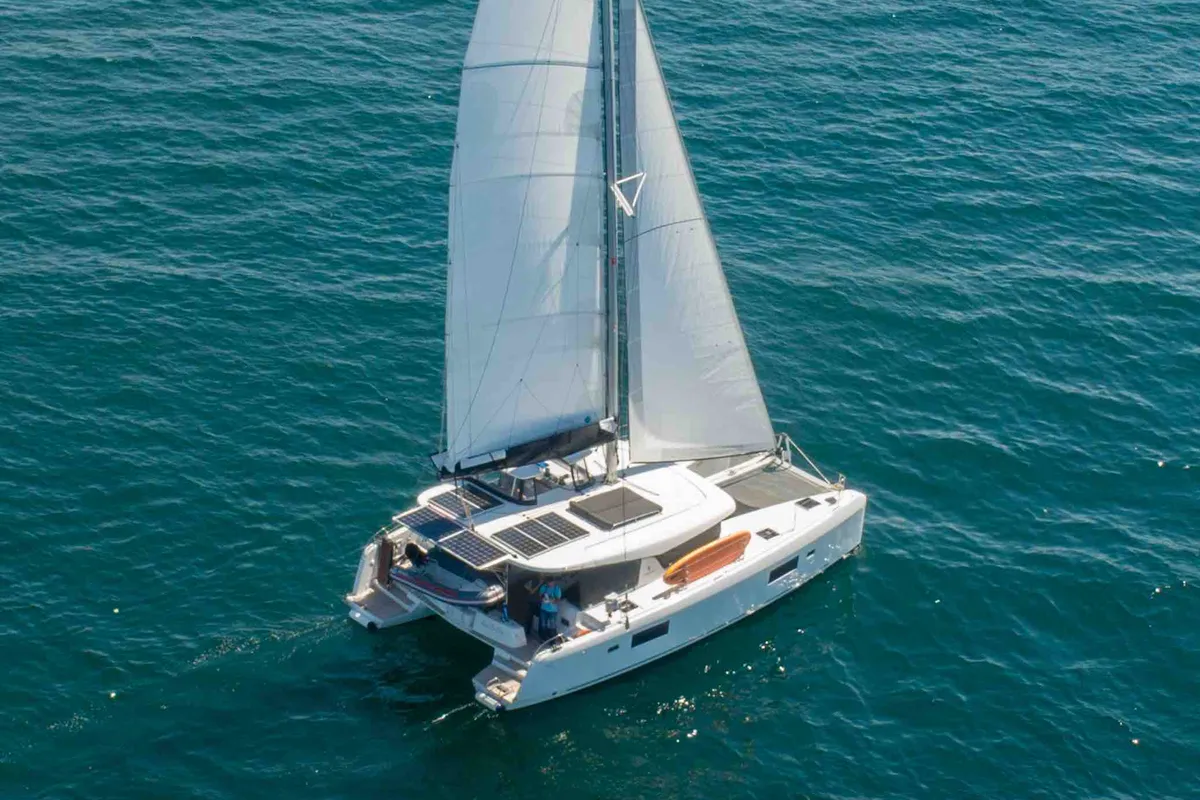 Exterior view of Rosa dei Venti, a Lagoon 42 catamaran at Parikia, Greece