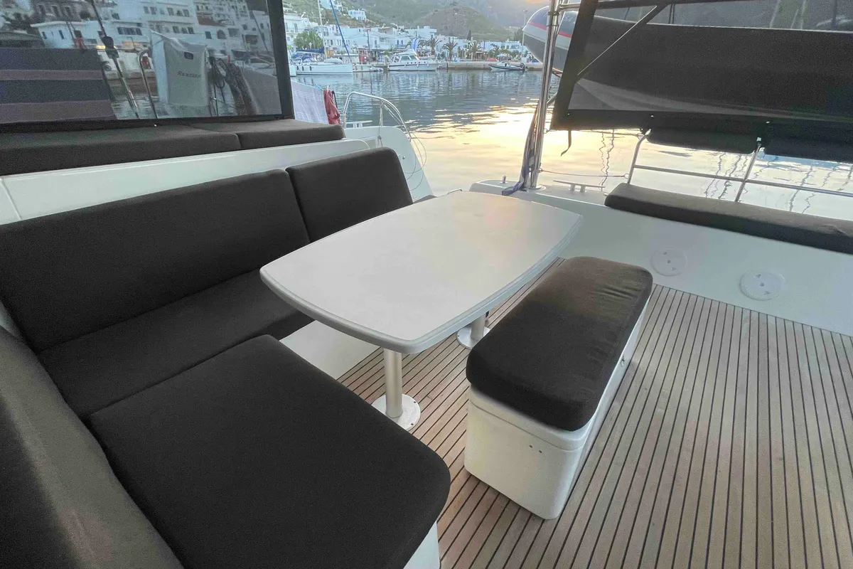 Deck of Rosa dei Venti, a Lagoon 42 catamaran at Parikia, Greece