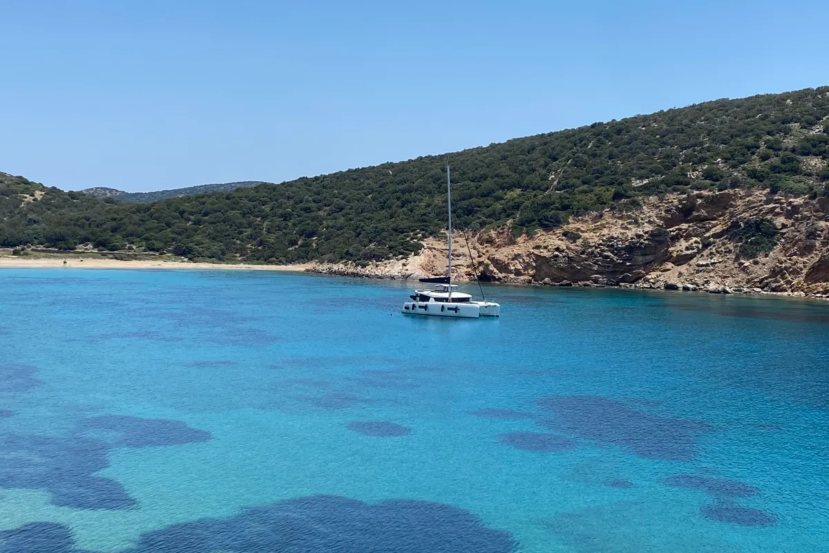 Exterior view of Rosa dei Venti, a Lagoon 42 catamaran at Parikia, Greece